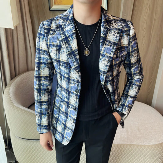 UNIKCOSA Men’s Plaid Blazer – Slim Fit Two-Button Korean Luxury Suit Jacket (Autumn/Winter 2025)