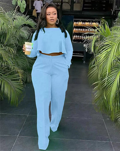 UNIKCOSA’s Elegant Ruffle 2-Piece Set — Crop Top + Wide-Leg Pants Fall Outfit