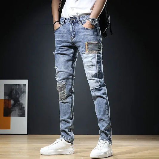 UNIKCOSA Men’s Embroidered Patchwork Jeans – Slim Fit Elastic Hip-Hop Denim Trousers (Autumn New Arrival)