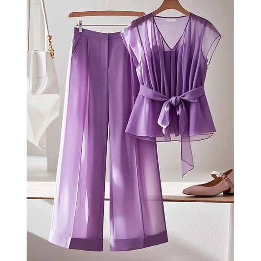 UNIKCOSA’s Summer Purple Y2K Set — Bow Lace-Up V-Neck Top + High-Waist Wide-Leg Pants