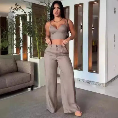UNIKCOSA™ Elegant 2-Piece Pant Set – Sexy Sleeveless V-Neck Crop Top & High-Waist Wide-Leg Pants | Women’s Slim Fit Matching Outfit