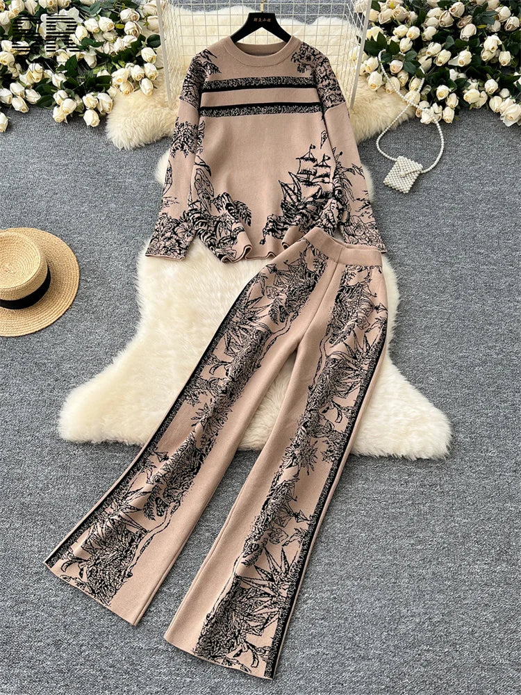 UNIKCOSA’s Jacquard Knit 2-Piece Set — Cozy Sweater + Wide-Leg Pants Autumn/Winter Suit