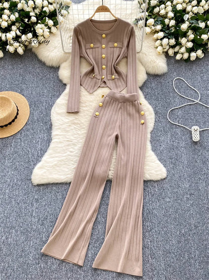 UNIKCOSA’s Winter Knit Suit — Button Pullover Sweater + Elastic Pants 2-Piece Set