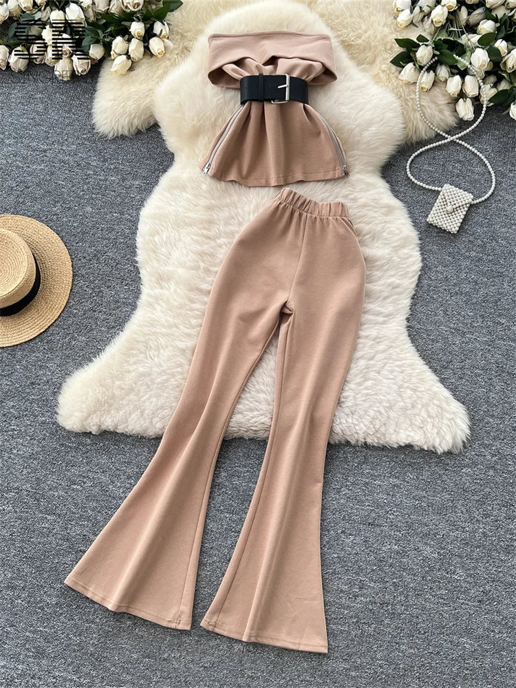 UNIKCOSA’s High Street 2-Piece Set — Off-Shoulder Zip Top + Belted Pants