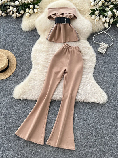 UNIKCOSA’s High Street 2-Piece Set — Off-Shoulder Zip Top + Belted Pants