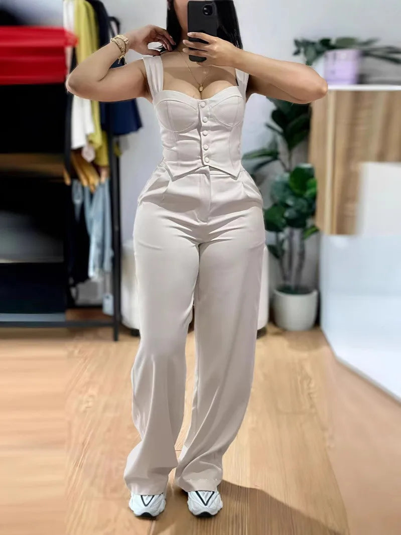 UNIKCOSA™ Elegant Y2K 2-Piece Pant Set – Sexy Sling Crop Top & Wide-Leg High-Waist Pants | Women’s Streetwear Matching Outfit