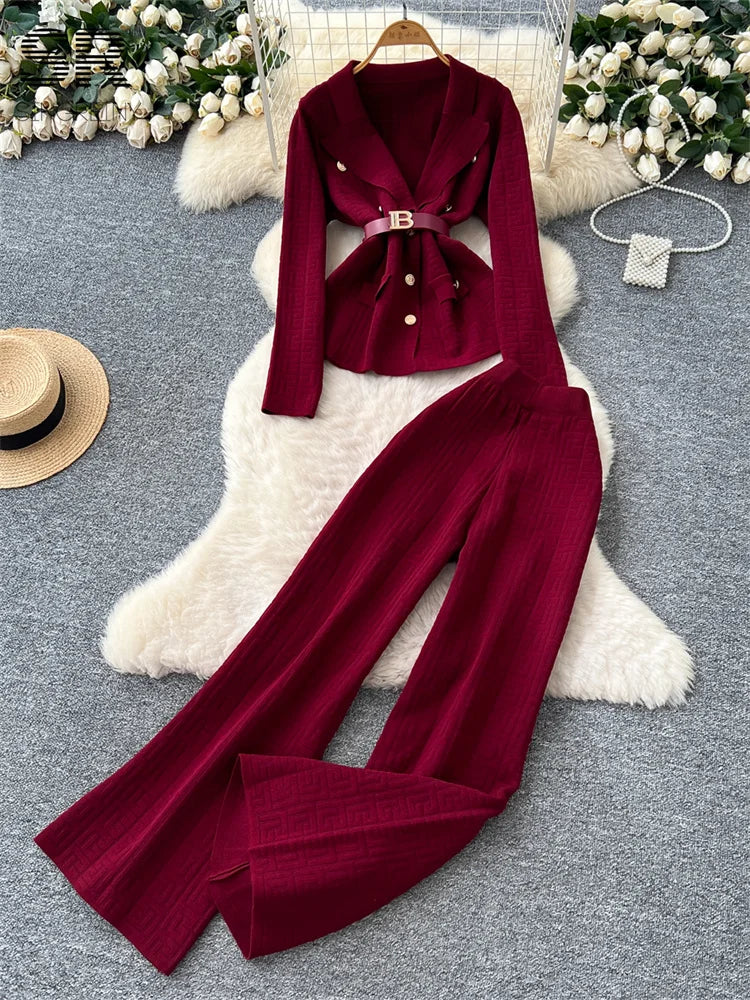 UNIKCOSA’s Winter Knit Power Suit — Notched Collar Top + Wide-Leg Pants 2-Piece Set