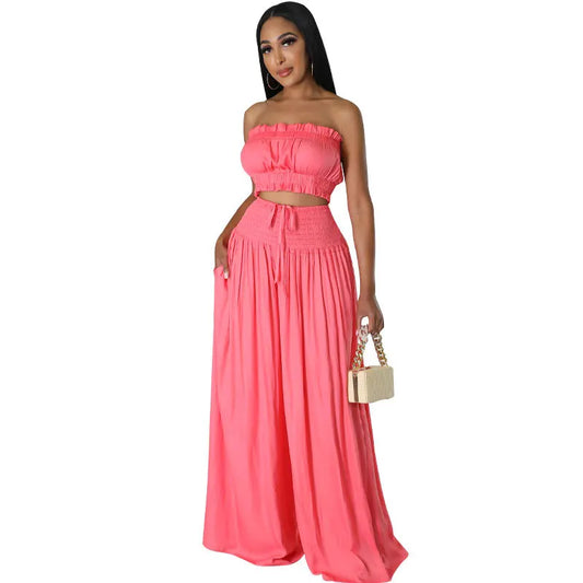 UNIKCOSA’s Y2K Strapless Pant Set — Crop Tube Top + High-Waist Wide-Leg Pants