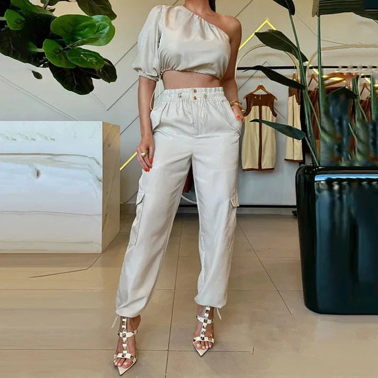 UNIKCOSA™ One-Shoulder Cargo 2-Piece Set – Puff Sleeve Crop Top & High-Waist Cargo Pants | Slim Fit Women’s Matching Outfit