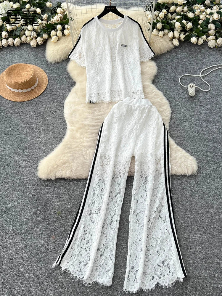 UNIKCOSA’s Summer Crochet Lace Set — Chic Short-Sleeve Top + Wide-Leg Pants 2-Piece