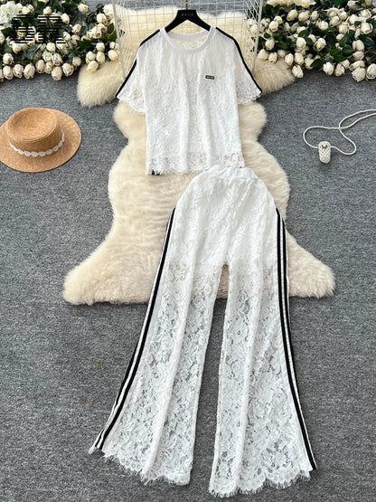 UNIKCOSA’s Summer Crochet Lace Set — Chic Short-Sleeve Top + Wide-Leg Pants 2-Piece