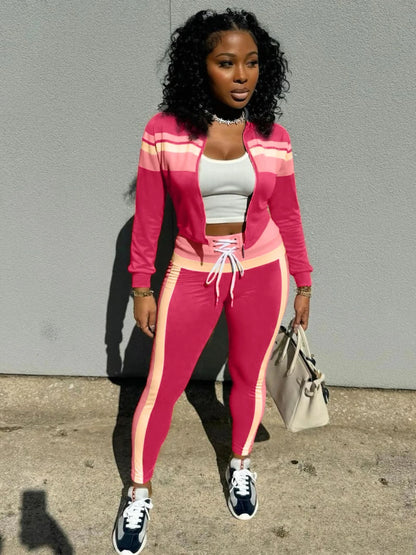 UNIKCOSA’s Color Block Tracksuit — Zipper Jacket + Pants 2-Piece Sporty Set