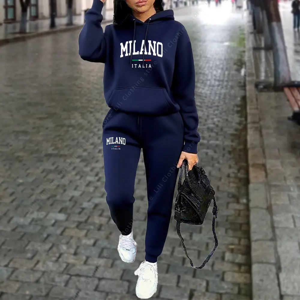 UNIKCOSA’s 2025 Milano Tracksuit — Letter Print Hoodie + Jogger Pants Set