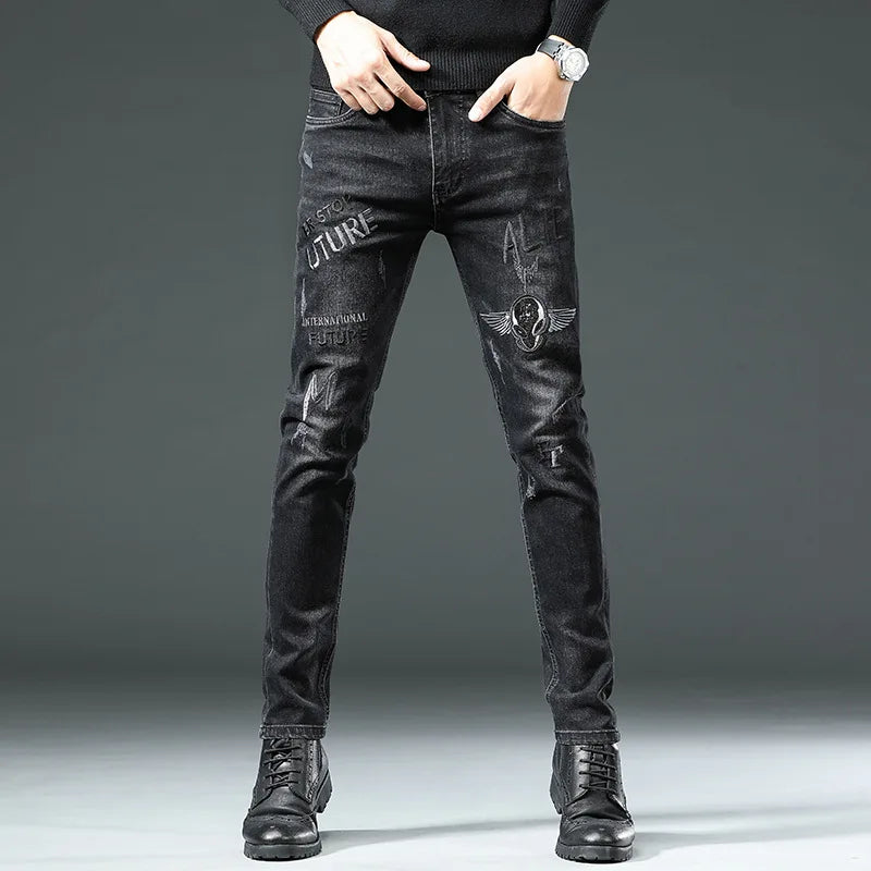 UNIKCOSA Men’s Harajuku Art Jeans – Slim Fit Graphic Painted Denim Pants (Spring/Autumn Streetwear 2000s Style)