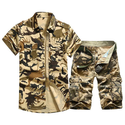 UNIKCOSA Men’s Camouflage Summer Set – Pure Cotton Short Sleeve Shirt & Multi-Pocket Shorts Workwear Outfit