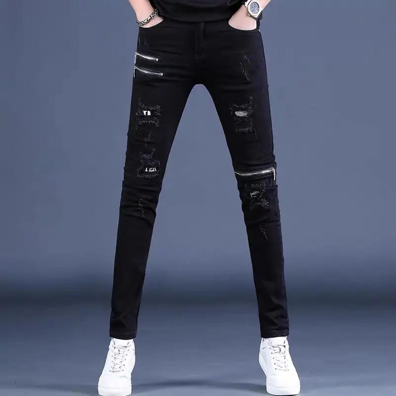 UNIKCOSA Men’s Black Skinny Jeans – Korean Style Slim Fit Streetwear with Knee Zippers & Distressed Holes