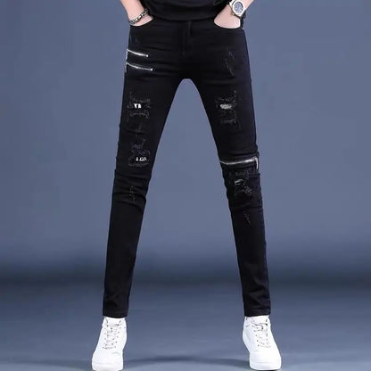 UNIKCOSA Men’s Black Skinny Jeans – Korean Style Slim Fit Streetwear with Knee Zippers & Distressed Holes