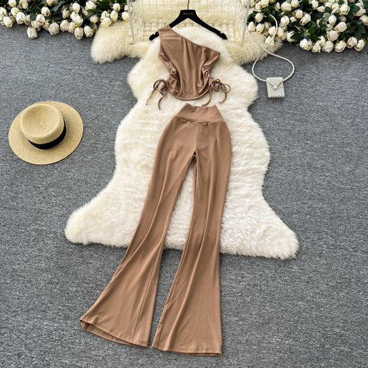 Summer Casual 2 Piece Set For Women One-shoulder Bandage Top And High Waist Set Jogging Suits Wholesale