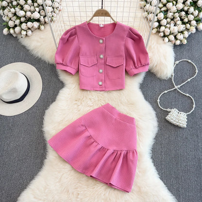 Summer Casual 2 Piece Set For Women O-Neck Puff Sleeve Top And High Waist Skirts Set Ropa Wholesale