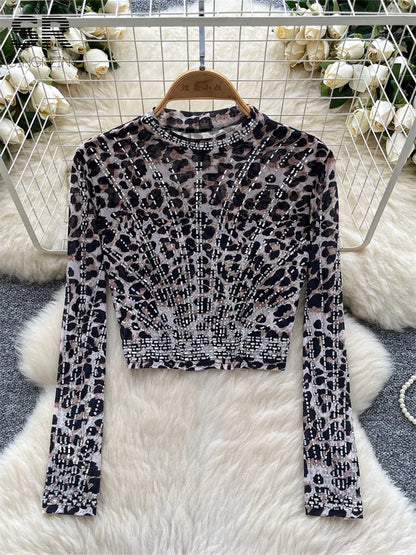 UNIKCOSA’s 2025 Beaded Mesh Crop Top — Long Sleeve O-Neck High Street Fashion Tee