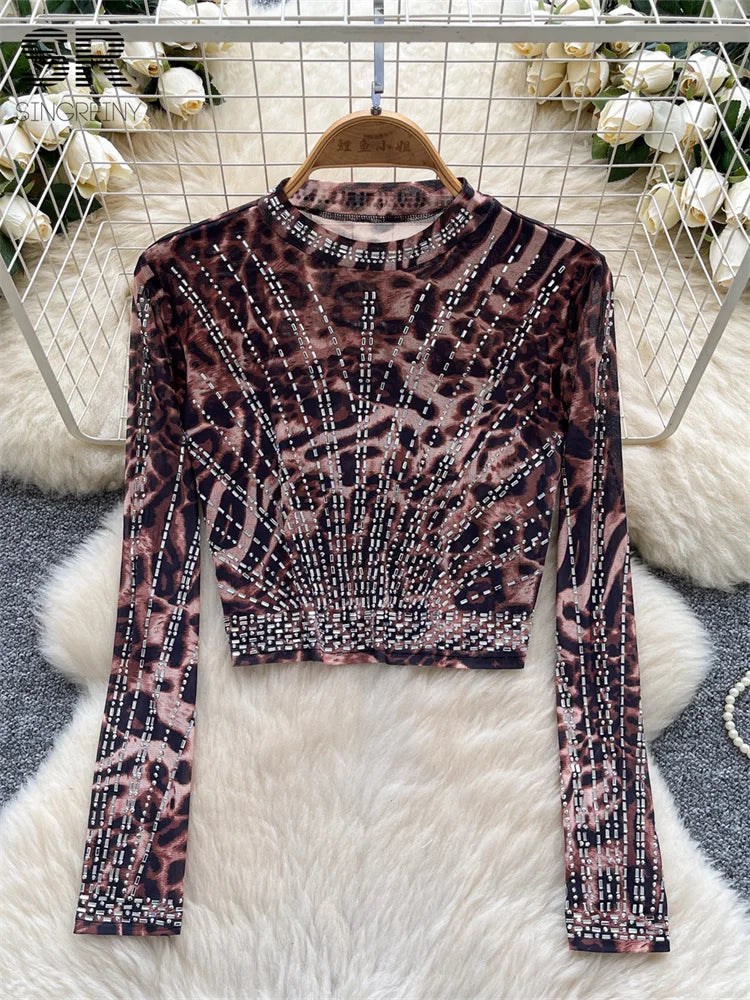 UNIKCOSA’s 2025 Beaded Mesh Crop Top — Long Sleeve O-Neck High Street Fashion Tee