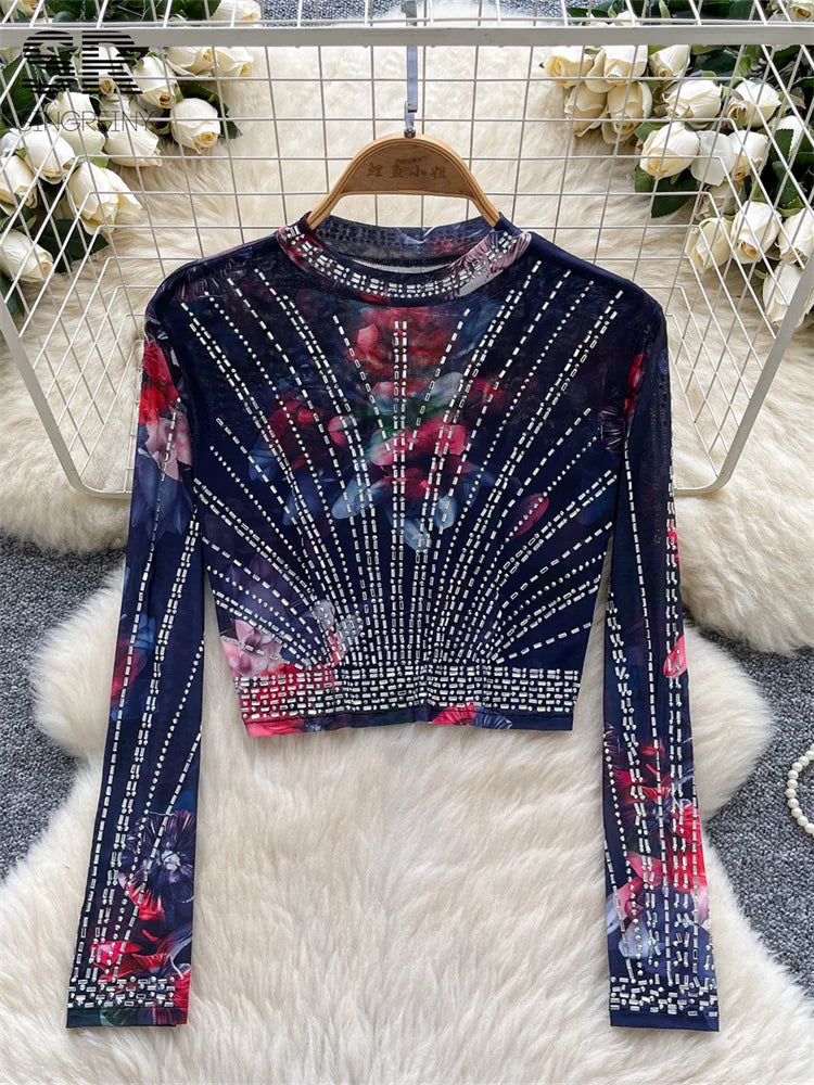UNIKCOSA’s 2025 Beaded Mesh Crop Top — Long Sleeve O-Neck High Street Fashion Tee