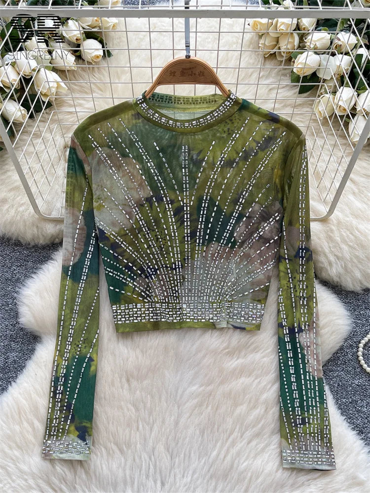 UNIKCOSA’s 2025 Beaded Mesh Crop Top — Long Sleeve O-Neck High Street Fashion Tee