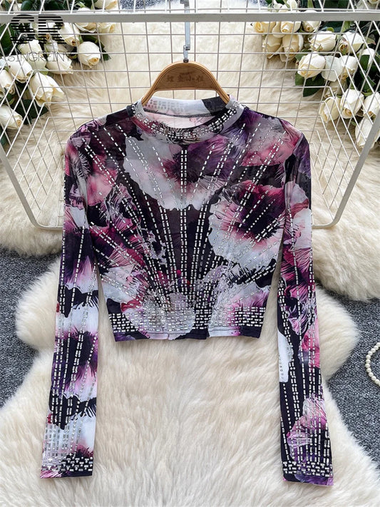 UNIKCOSA’s 2025 Beaded Mesh Crop Top — Long Sleeve O-Neck High Street Fashion Tee