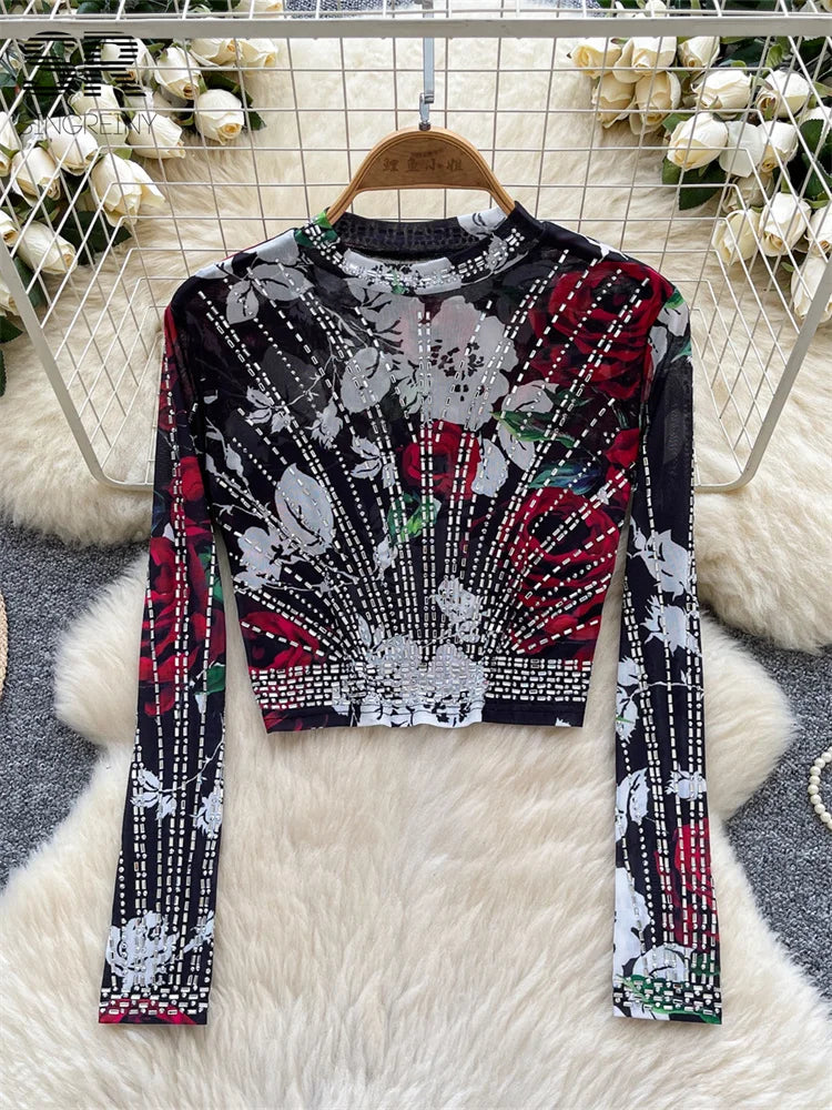 UNIKCOSA’s 2025 Beaded Mesh Crop Top — Long Sleeve O-Neck High Street Fashion Tee