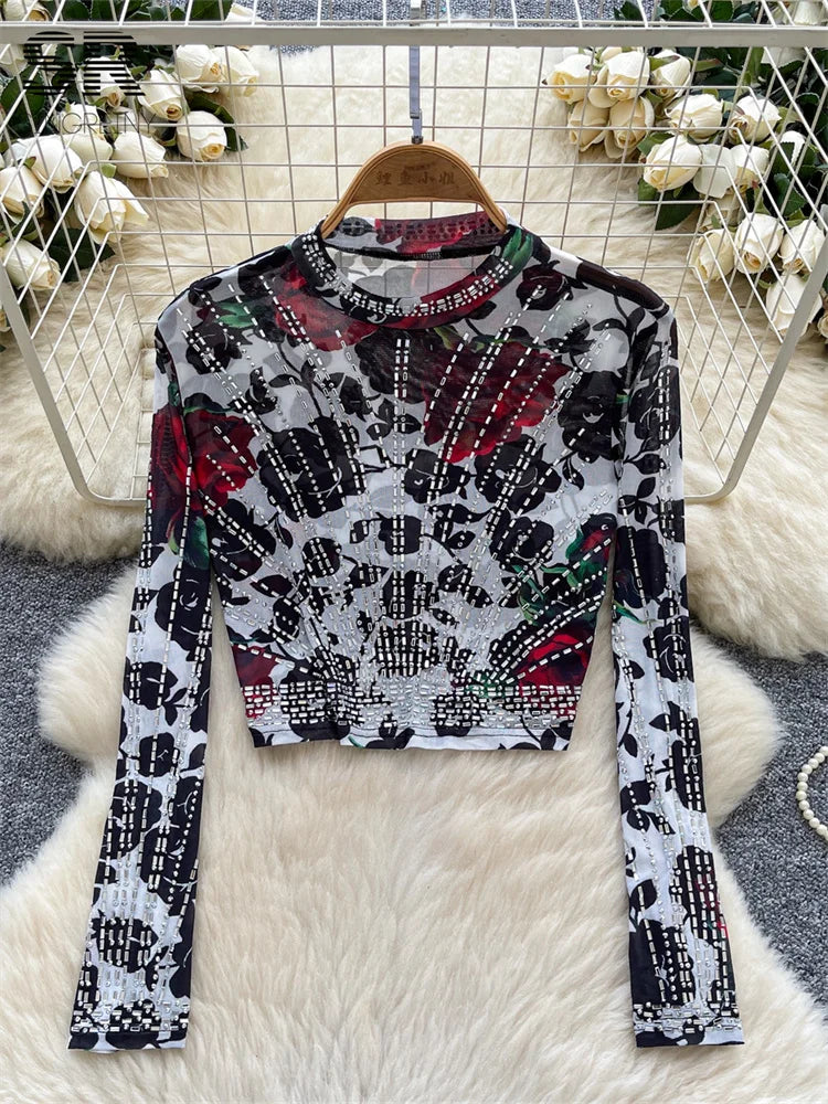 UNIKCOSA’s 2025 Beaded Mesh Crop Top — Long Sleeve O-Neck High Street Fashion Tee