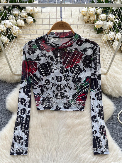 UNIKCOSA’s 2025 Beaded Mesh Crop Top — Long Sleeve O-Neck High Street Fashion Tee
