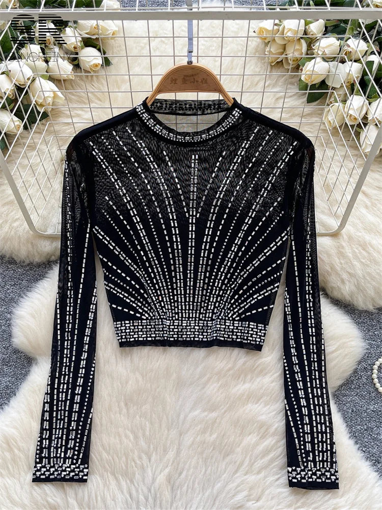 UNIKCOSA’s 2025 Beaded Mesh Crop Top — Long Sleeve O-Neck High Street Fashion Tee