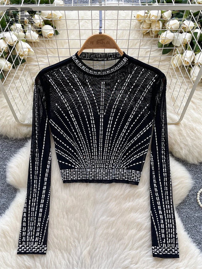 UNIKCOSA’s 2025 Beaded Mesh Crop Top — Long Sleeve O-Neck High Street Fashion Tee
