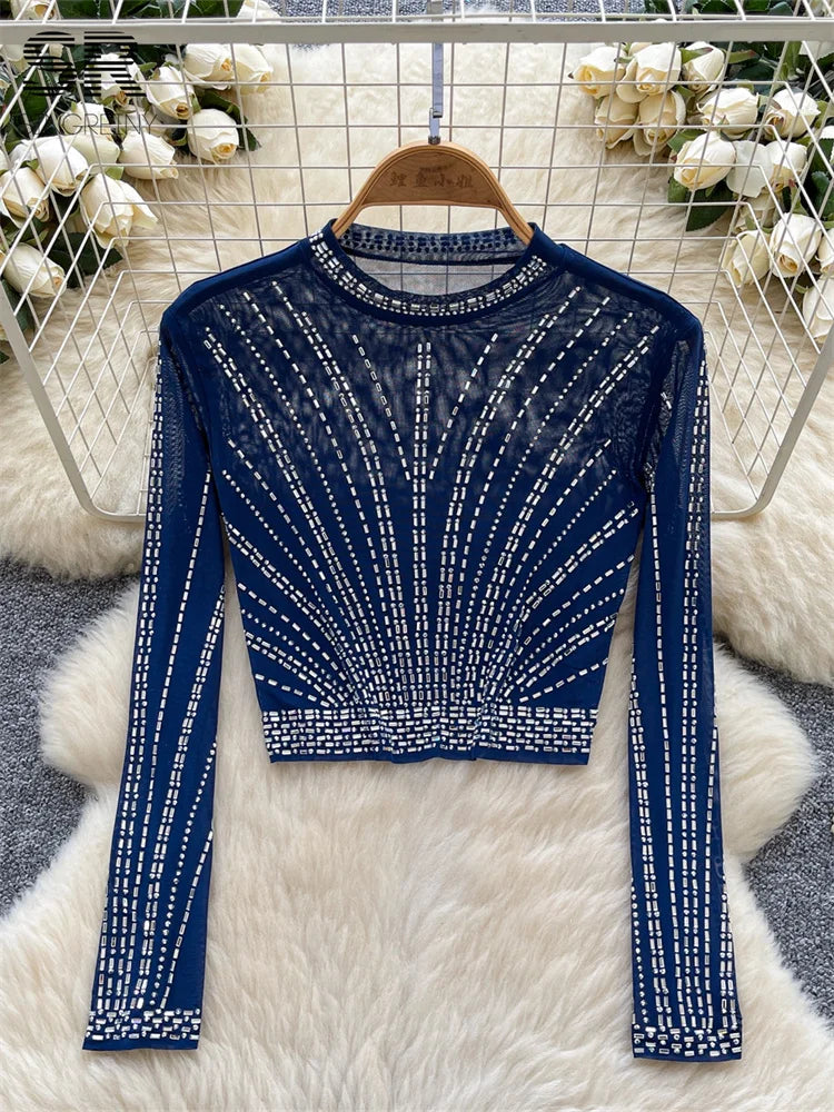UNIKCOSA’s 2025 Beaded Mesh Crop Top — Long Sleeve O-Neck High Street Fashion Tee