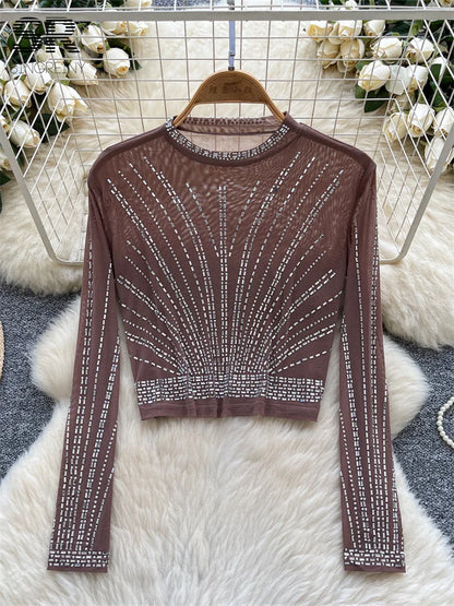UNIKCOSA’s 2025 Beaded Mesh Crop Top — Long Sleeve O-Neck High Street Fashion Tee