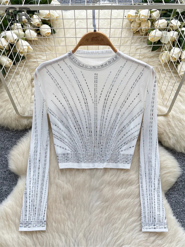 UNIKCOSA’s 2025 Beaded Mesh Crop Top — Long Sleeve O-Neck High Street Fashion Tee