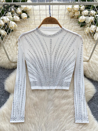 UNIKCOSA’s 2025 Beaded Mesh Crop Top — Long Sleeve O-Neck High Street Fashion Tee