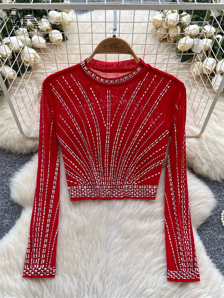 UNIKCOSA’s 2025 Beaded Mesh Crop Top — Long Sleeve O-Neck High Street Fashion Tee