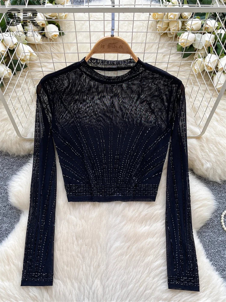 UNIKCOSA’s 2025 Beaded Mesh Crop Top — Long Sleeve O-Neck High Street Fashion Tee