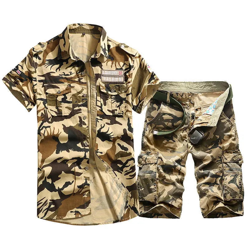 UNIKCOSA Men’s Camouflage Summer Set – Pure Cotton Short Sleeve Shirt & Multi-Pocket Shorts Workwear Outfit