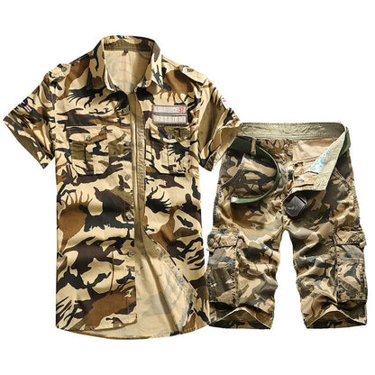 UNIKCOSA Men’s Camouflage Summer Set – Pure Cotton Short Sleeve Shirt & Multi-Pocket Shorts Workwear Outfit