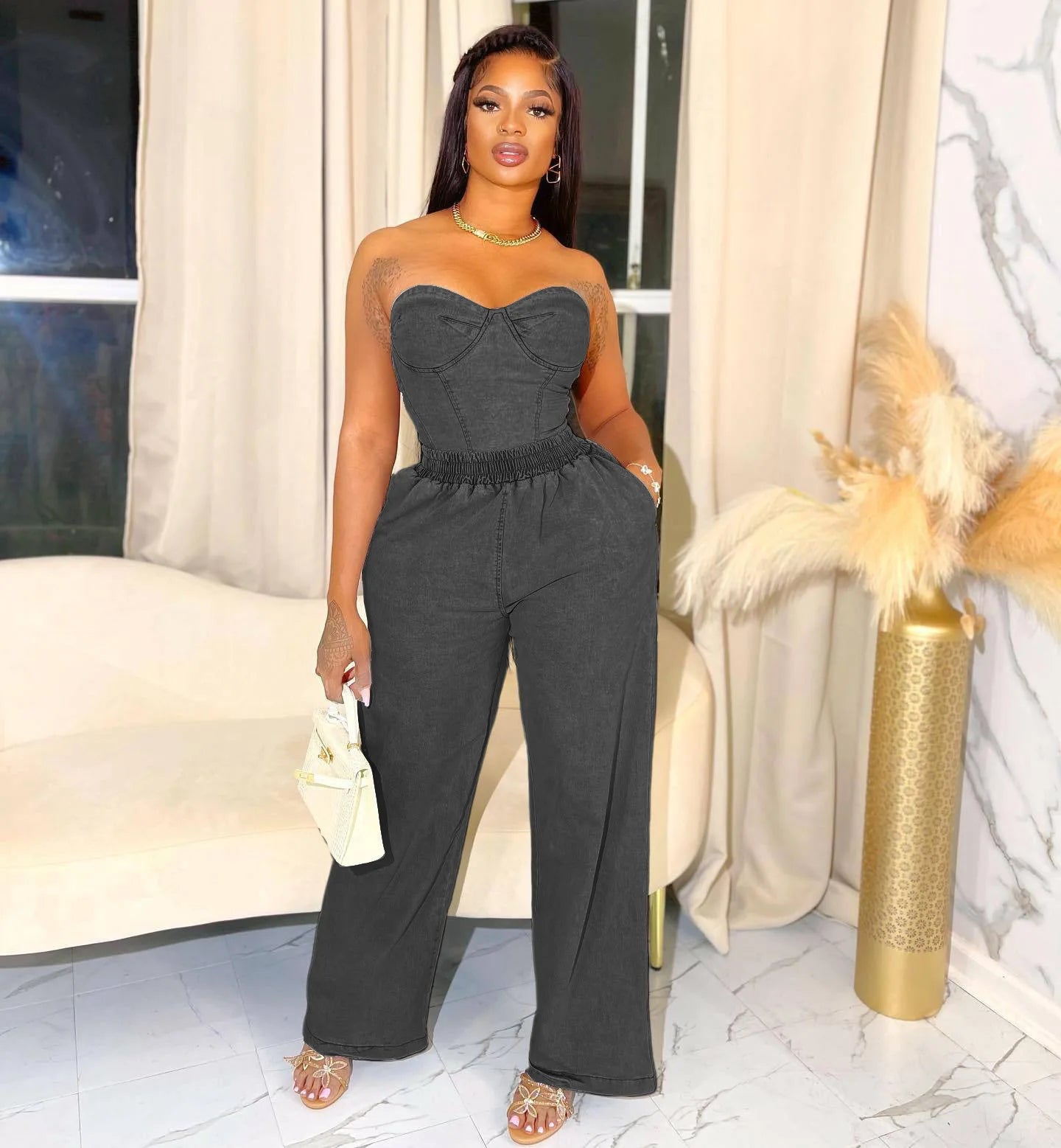 UNIKCOSA’s Denim Ruffle 2-Piece Set — Elegant Crop Top + Wide-Leg Jeans