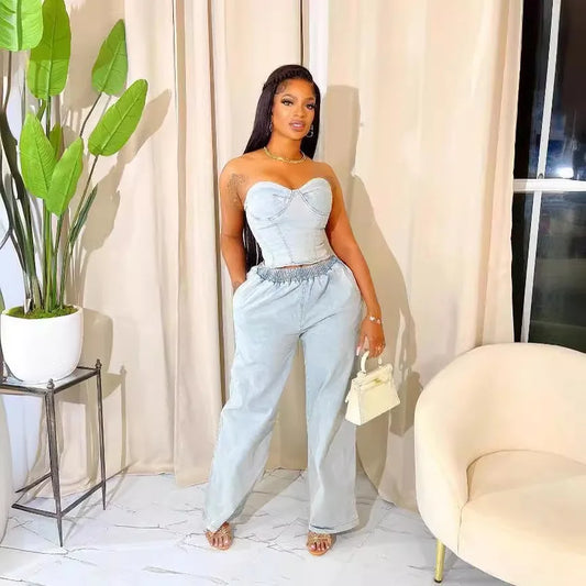 UNIKCOSA’s Denim Ruffle 2-Piece Set — Elegant Crop Top + Wide-Leg Jeans
