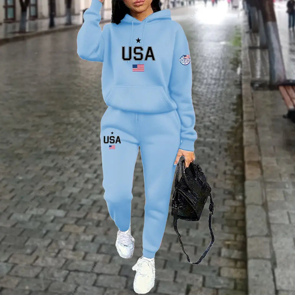 UNIKCOSA’s USA Letter Tracksuit — Hoodie + Jogger Pants 2-Piece Autumn/Winter Set