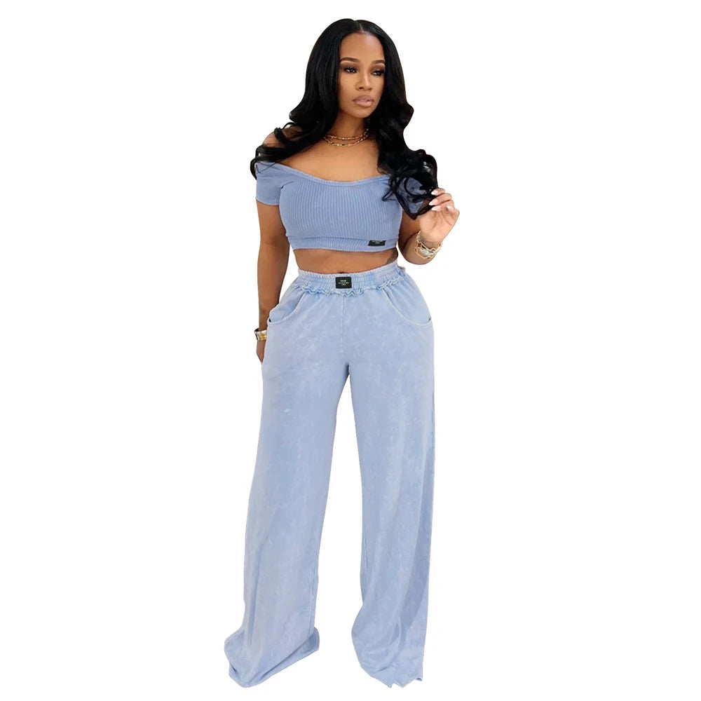 UNIKCOSA’s Distressed Tracksuit Set — U-Neck Crop Top + Wide-Leg Pants Elegance