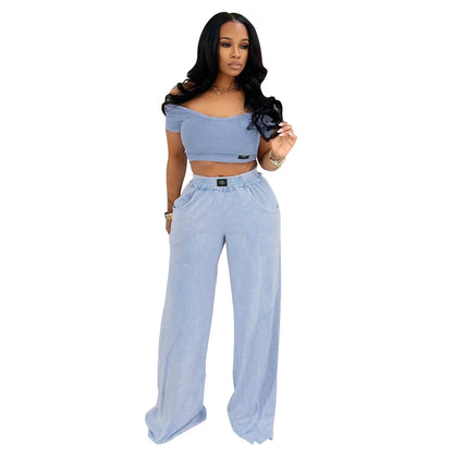 UNIKCOSA’s Distressed Tracksuit Set — U-Neck Crop Top + Wide-Leg Pants Elegance