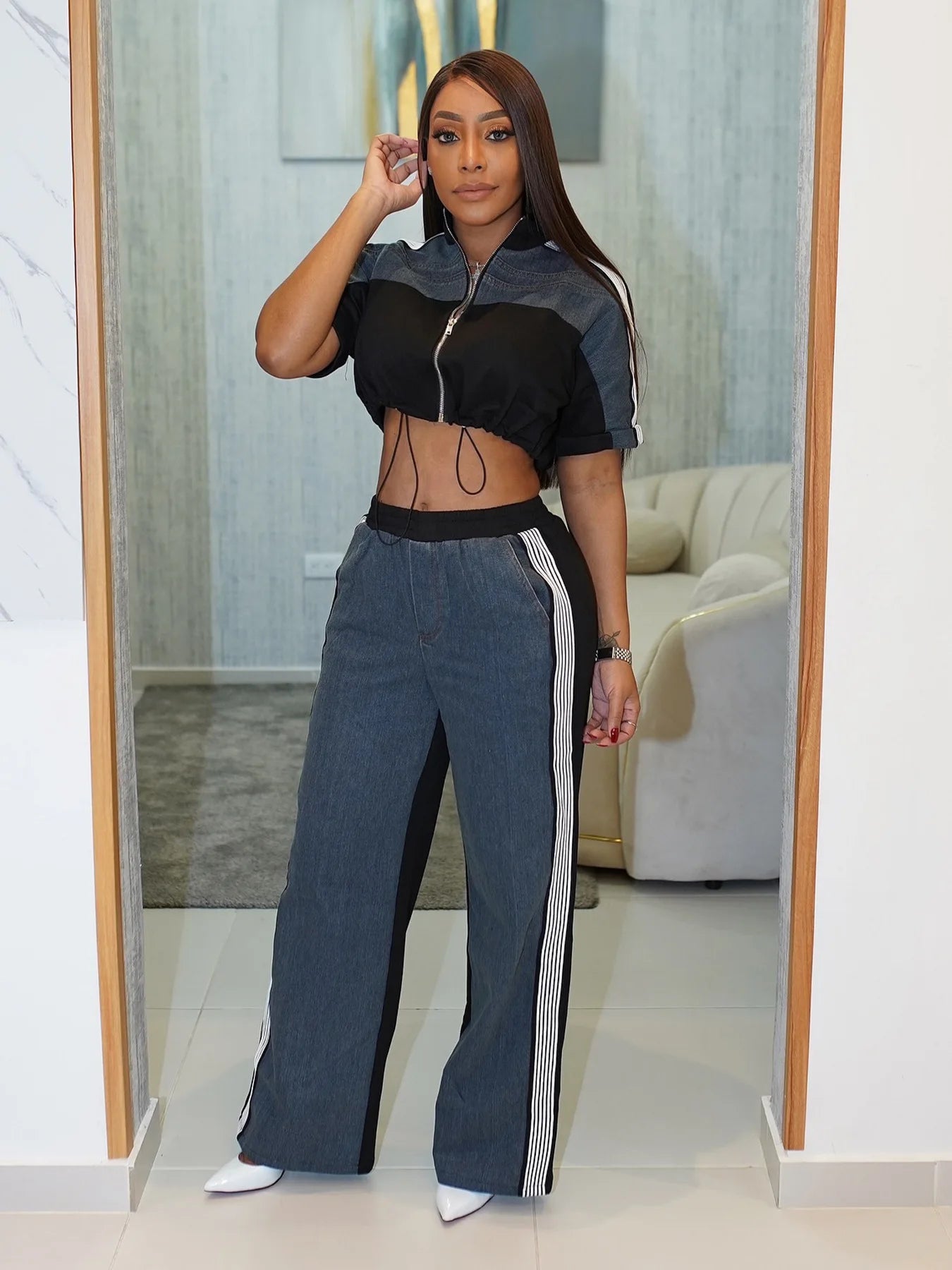 UNIKCOSA’s Patchwork Denim 2-Piece Set — Sexy Crop Top + Matching Jeans Trousers