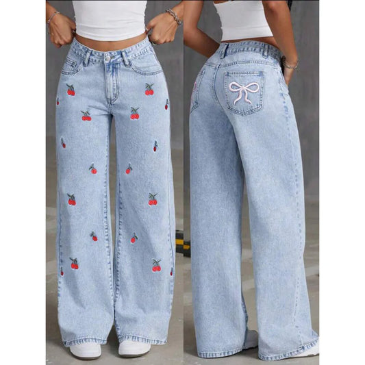 UNIKCOSA’s Vintage Embroidered Denim — High-Waist Distressed Wide-Leg Jeans