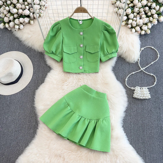 Summer Casual 2 Piece Set For Women O-Neck Puff Sleeve Top And High Waist Skirts Set Ropa Wholesale