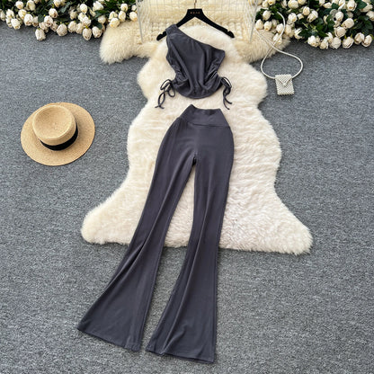 Summer Casual 2 Piece Set For Women One-shoulder Bandage Top And High Waist Set Jogging Suits Wholesale